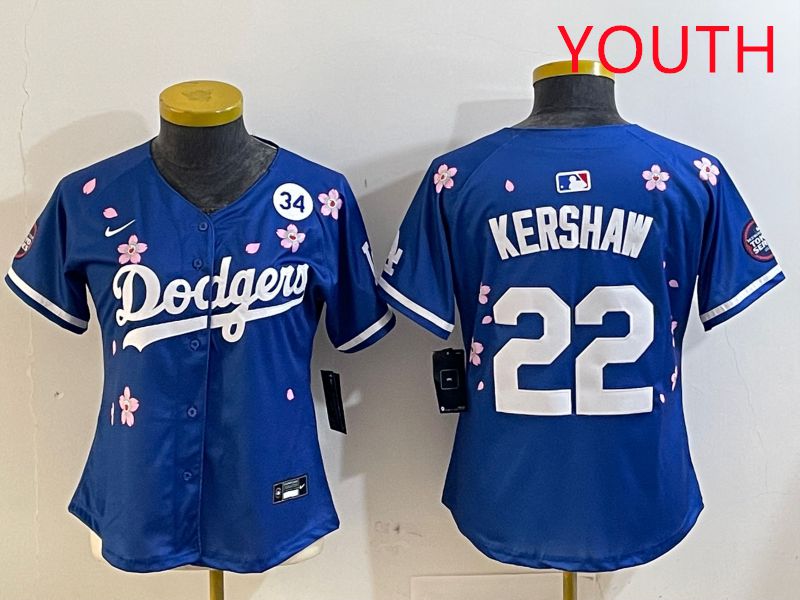 Youth Los Angeles Dodgers #22 Kershaw Blue White Blue Sakura Edition 2025 Nike MLB Jersey style 7->youth mlb jersey->Youth Jersey